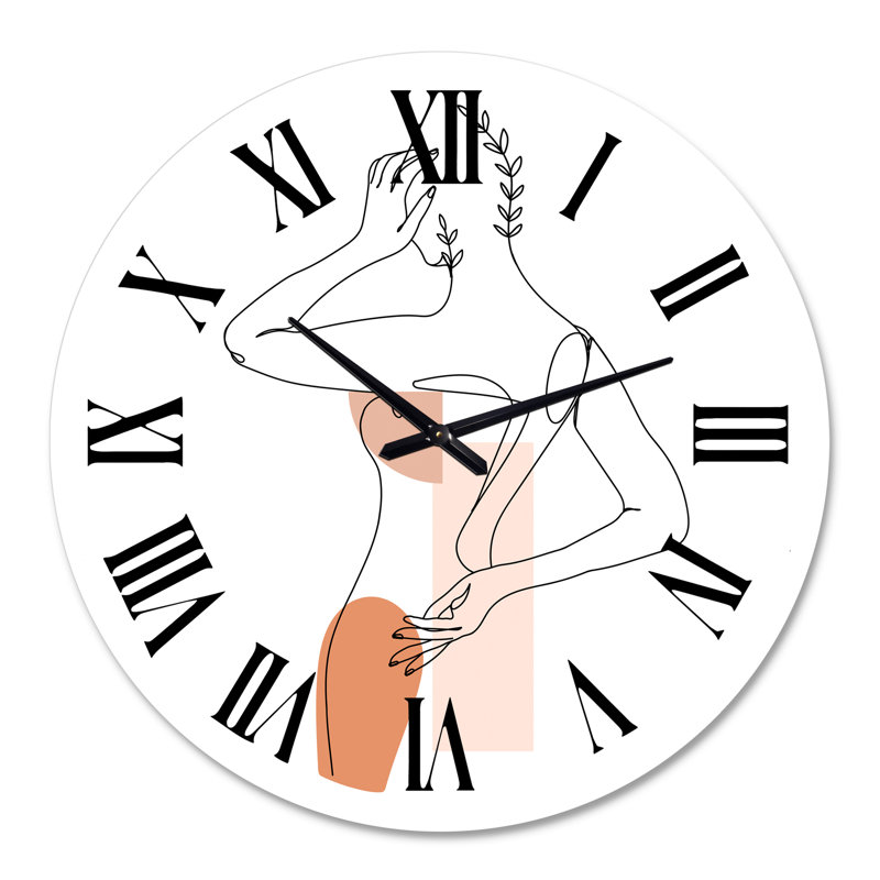 One Line Portrait de femme avec feuilles et formes II - horloge murale moderne, Moyenne