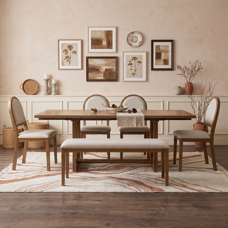 Ensemble de salle à manger extensible 6 pièces avec quatre chaises rembourrées et un banc, Walnut