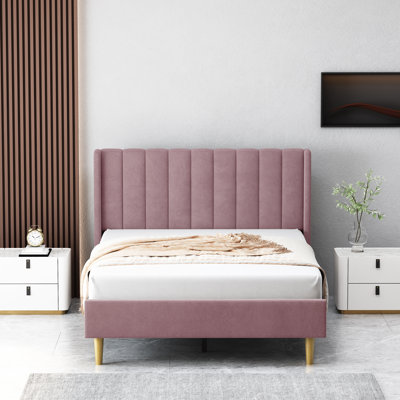 Deeb Luxury Corduroy Upholstered Platform Bed Frame - Modern Wingback Design,No Box Spring Needed, Noise-Free