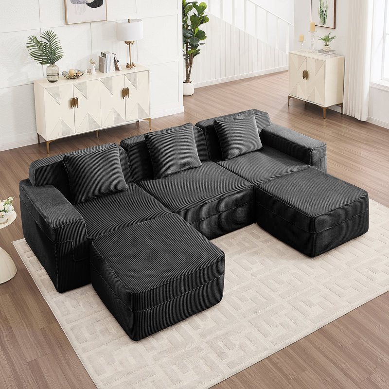 Canapé modulaire modulaire à 3 places en U avec assise profonde, confort en forme de nuage, coussins décoratifs et 2 repose-pieds mobiles pour la détente en famille