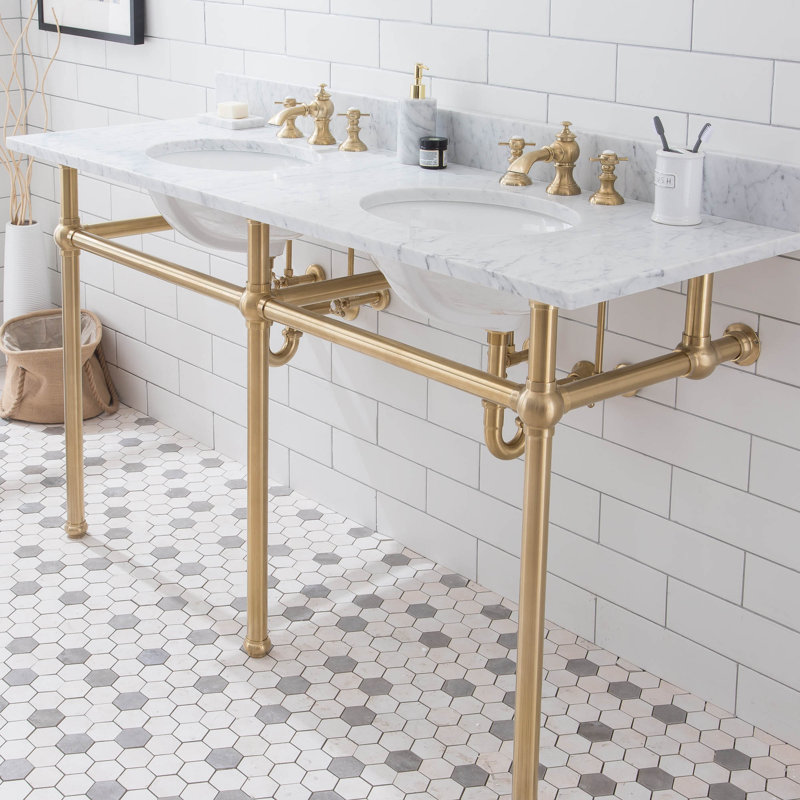 Embassy Stone Oval Console Bathroom Sink with Faucet and Overflow, Satin Brass