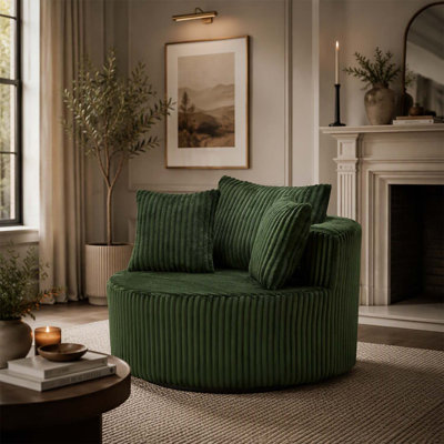 Oversized Round Swivel Accent Chair with Plush Upholstery and Throw Pillows