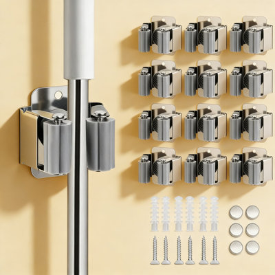Heavy Duty Stainless Steel Wall Mounted Tool Organizer Rack - Adjustable Broom Mop And Garden Tool Holder With Secure Grip For Garage, Utility Room And Shed