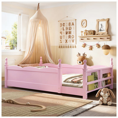 Twin Floor Bed with Full-Length Guardrails. Kids Montessori Floor Bed With Beside Book Shelf,Childlike Design,Pink