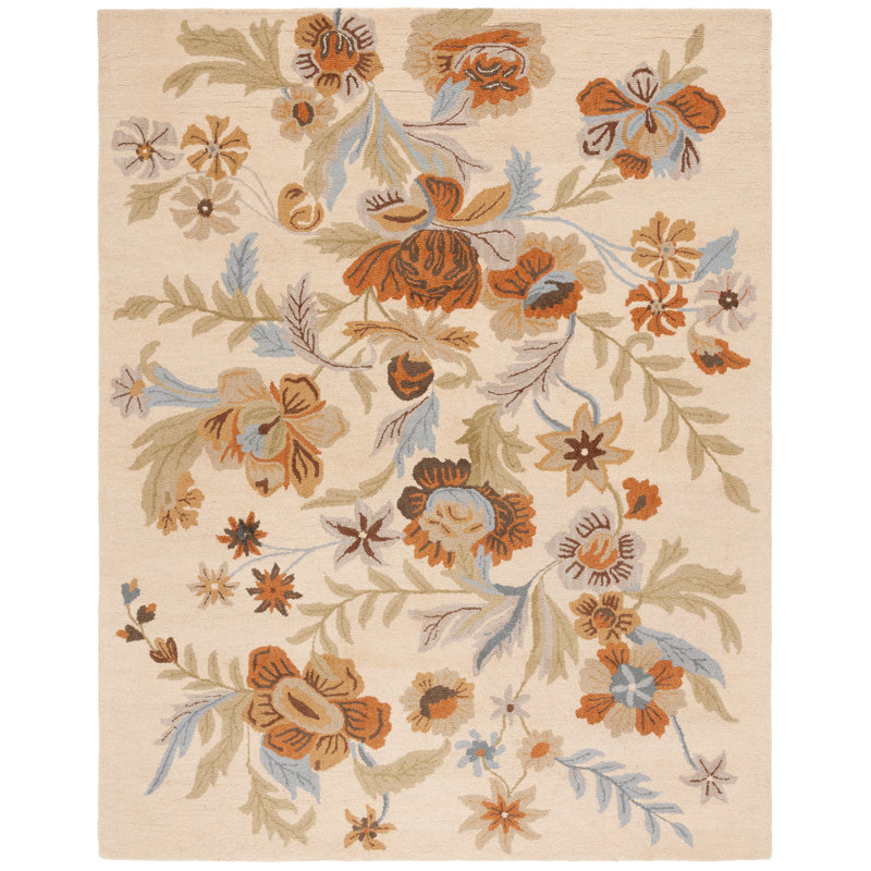 Emrick Blossom Hand Hooked Wool/Cotton/Latex Floral Rug in Beige, Rectangle 8' x 10'
