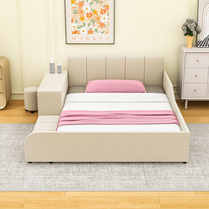 Upholstered Wood Platform Bed with Bedside Desk, Round Stool and Headboard, Beige, Full