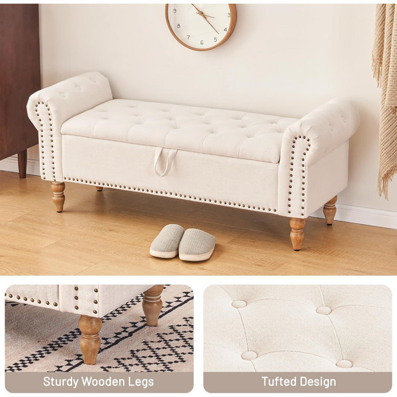 51” Storage Benches, End Of Bed Bench With Button-Tufted Large Upholstered Storage Ottoman Linen Window Bench With Storage Shoe Cabinet Bench, For Bedroom, Entryway, Closet, Beige