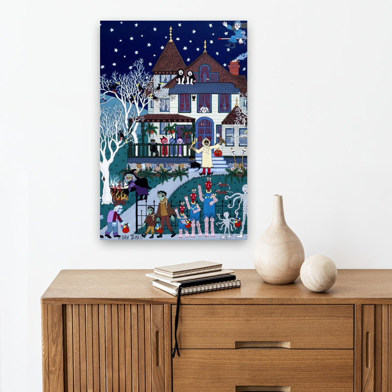 Spooky Halloween House Whimsical Abstract Contemporary Bat Cat Architecture Landscape Wall Art Print by Sev Ickes - Wrapped Canvas Print