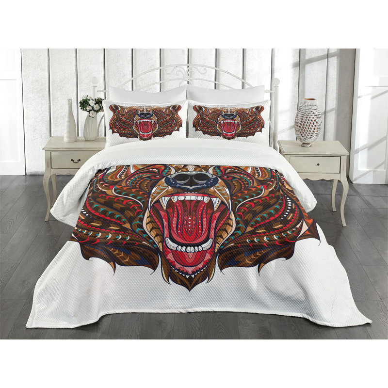 Ambesonne Bear Bedspread Head with Patterns Brown Red Blue, King Coverlet/Bedspread + 2 Pillow Shams
