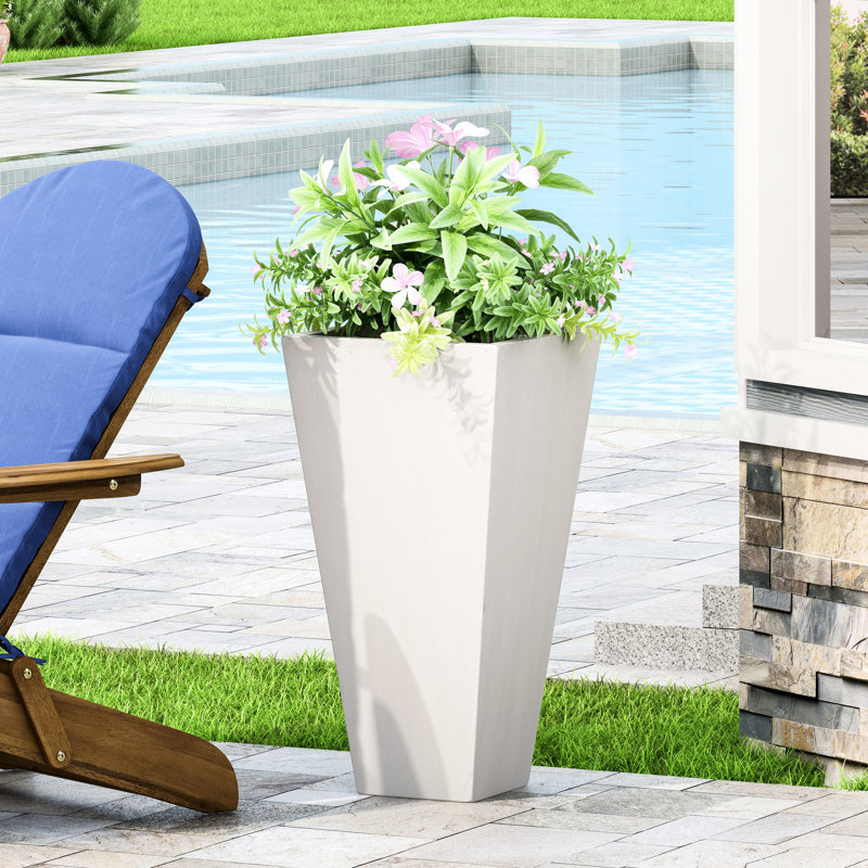 13" White Cast Stone Outdoor Planter - Sleek And For Garden Decor Matte Enhance Beauty Of Your Living, White