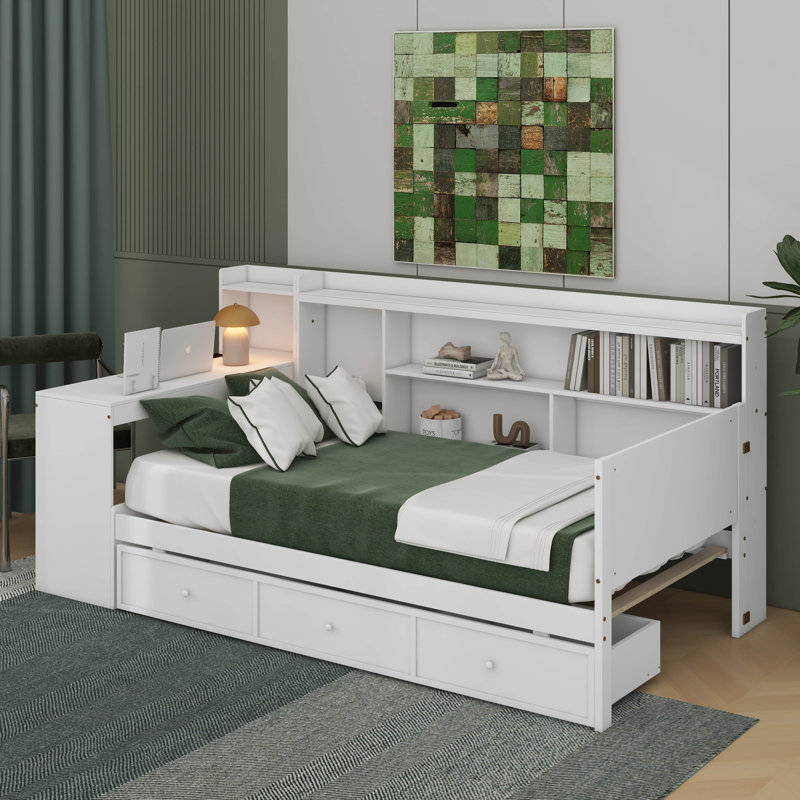 Lit de jour simple en bois avec tiroirs et bureau, Blanc