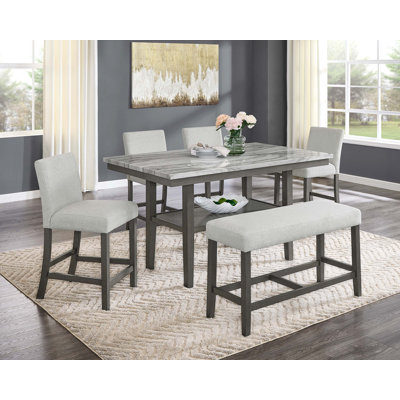 Ensemble de salle à manger à hauteur de comptoir rectangulaire en faux marbre de 60 po avec étagère de rangement, chaises et banc rembourrés Luna