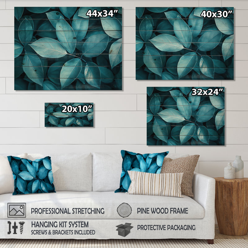 Monochrome Teal Leaves Layers II - Leaves Wood Wall Decor - On Natural Pine Wood, 34" H x 44" W