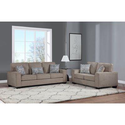 2PC Brown Fabric Plushy Cushion W/ Square Arm Sofa Set & 5 Throw Pillows