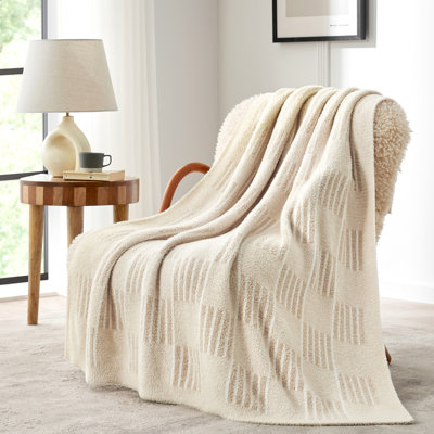 Reversible Checkered Striped Throw Blanket, Fluffy Faux Fur Blend Blankets For Couch Or Bed