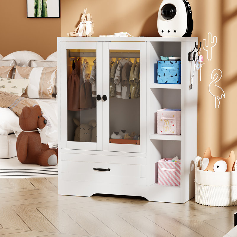 Armoire pour animaux de compagnie, garde-robe pour chien avec DEL, porte en verre et tiroir, organisateur de rangement en bois MDF pour chien chat, blanc