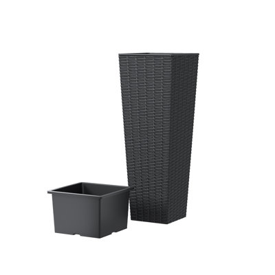 2-pack 32-inch tall resin planters with rattan texture and removable inner pots, weather-resistant modern plant pots for indoor outdoor