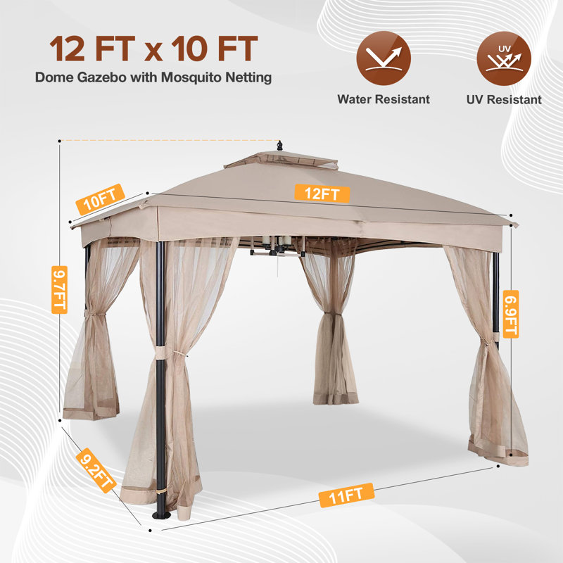 Beige 12 ft x 10 ft Metal Patio Gazebo with Mesh Sidewalls