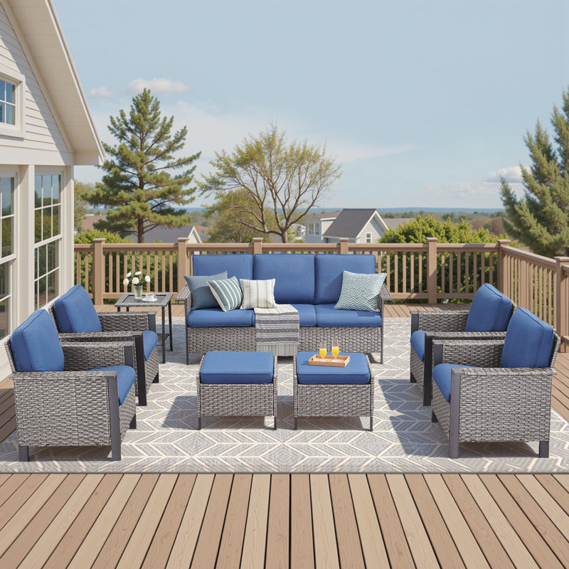 Coady 7-9 Person Outdoor Courtyard Wicker Family Conversation Set Group With 4 Armchairs, Gray, Blue