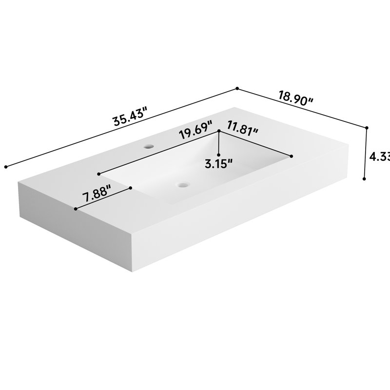 Solid Surface Stone Resin Bathroom Sink Vanity Basin - Matte White, 35.4 In Depth, 18.9 Width, 4.3 Height, 44.2 Lb Flawless Integration Any Bathroom, Scratch , Wall Mounted Or Countertop Setup, Clean