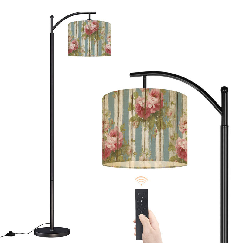 Arc Floor Lamp with Adjustable Lampshade Shabby Chic Pink Roses Blue Standing Lamp 3 Color Temperatures Dimmable Tall Pole Lamp with Foot Switch for Bedroom