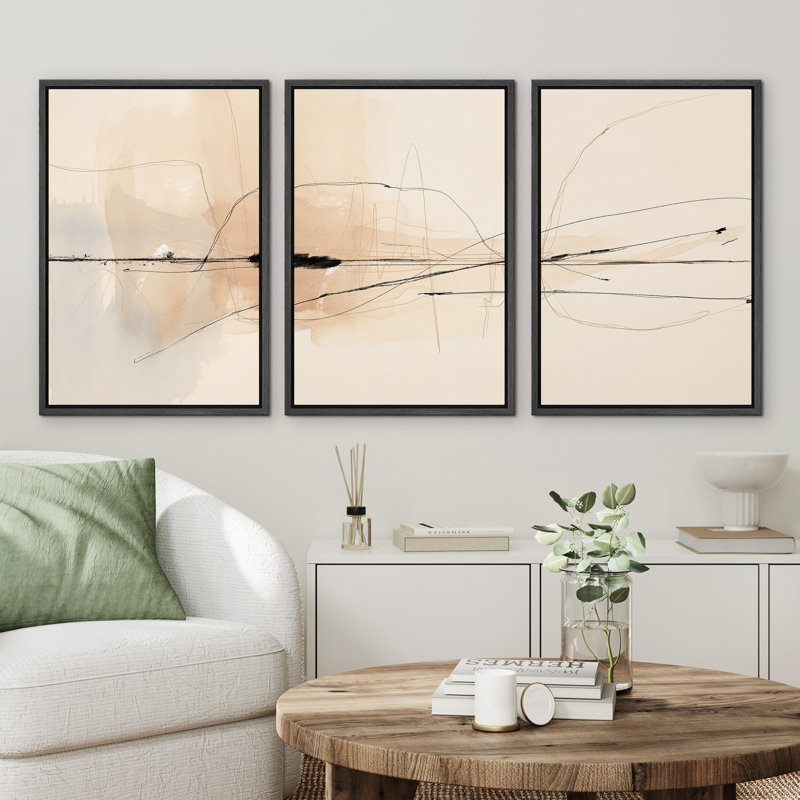 «Zen Simplicity Abstract Beige Illustration», 3 pièces, H 24 po x l 48 po, Cadre flottant noir