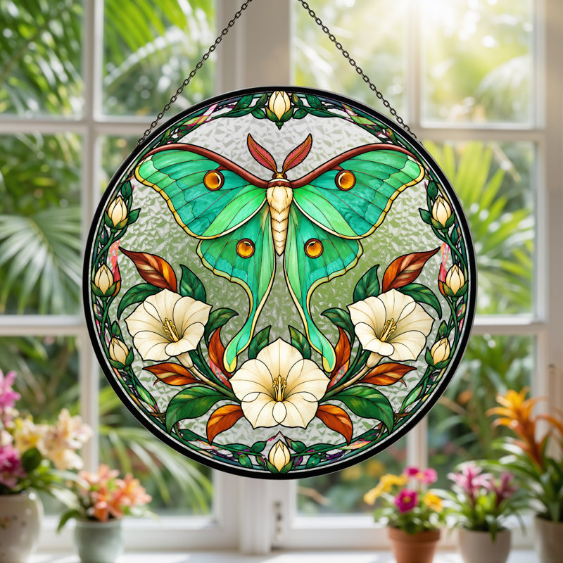 «Green Luna Moth» et art mural sur toile en vitrail circulaire, H 12 po
