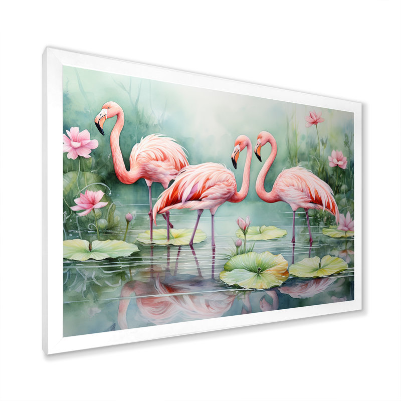 Élégant paradis flamant rose - décoration murale flamant rose, H 34 po x l 44 po x P 1,5 po, Cadre simple blanc