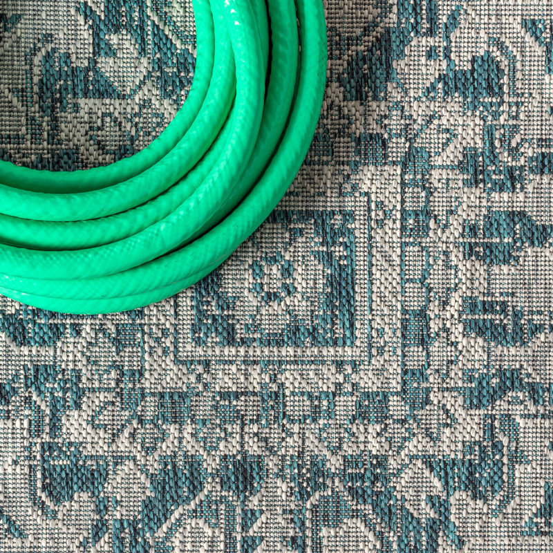 Truman Bohemian Medallion Textured Weave Teal/Gray Indoor/Outdoor Rug, Runner 2'2" x 10'