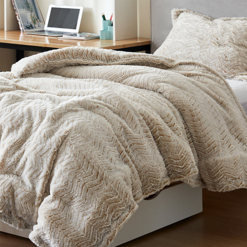 Queen Frosted Taupe Plush Chevron Comforter Set