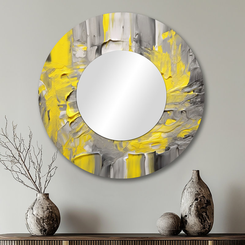 Mustard Yellow And Vivid Gray IV - Abstract Mirror, Modern Round Decorative Wall Mirror, Printed Metal Art, 29" x 29"