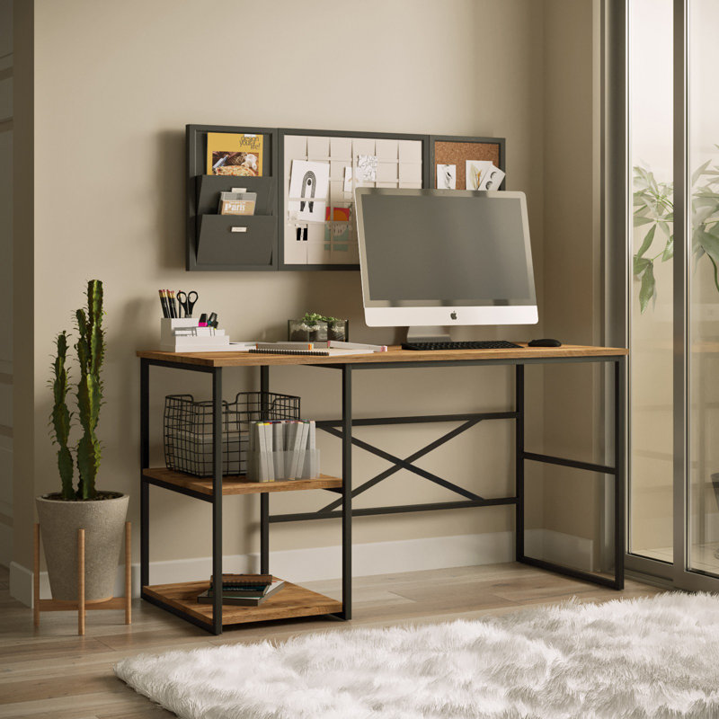 Modern Study Desk with Metal Frame, Atlantic Pine Finish, 55.1 x 29.5 x 23.6 inches | 100% Melamine Coated Particle Board, 0.7 inches Thick | Numerous Shelves & Additional Storage for Home Office & Industrial Style