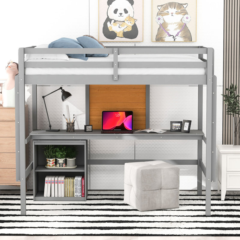 Lit mezzanine gris avec bureau et 2 tiroirs - crée un tableau d'écriture simple en bois, Lit simple, Gris