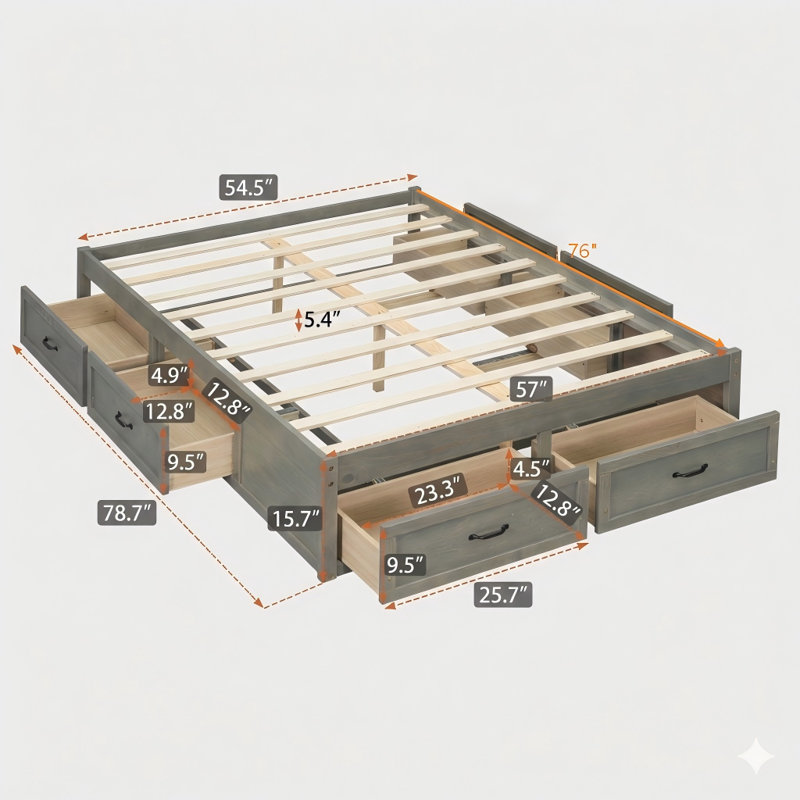 Lit plateforme antique gris avec six tiroirs de rangement