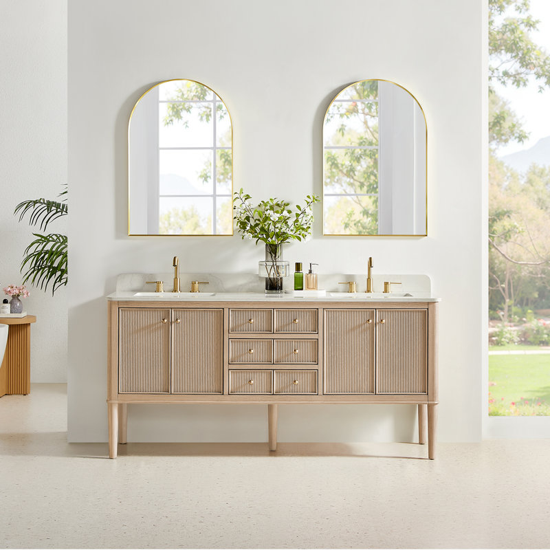 Blaise 72" Double Freestanding/Floating Bathroom Vanity in Light Oak with Grain White Engineered Stone Countertop