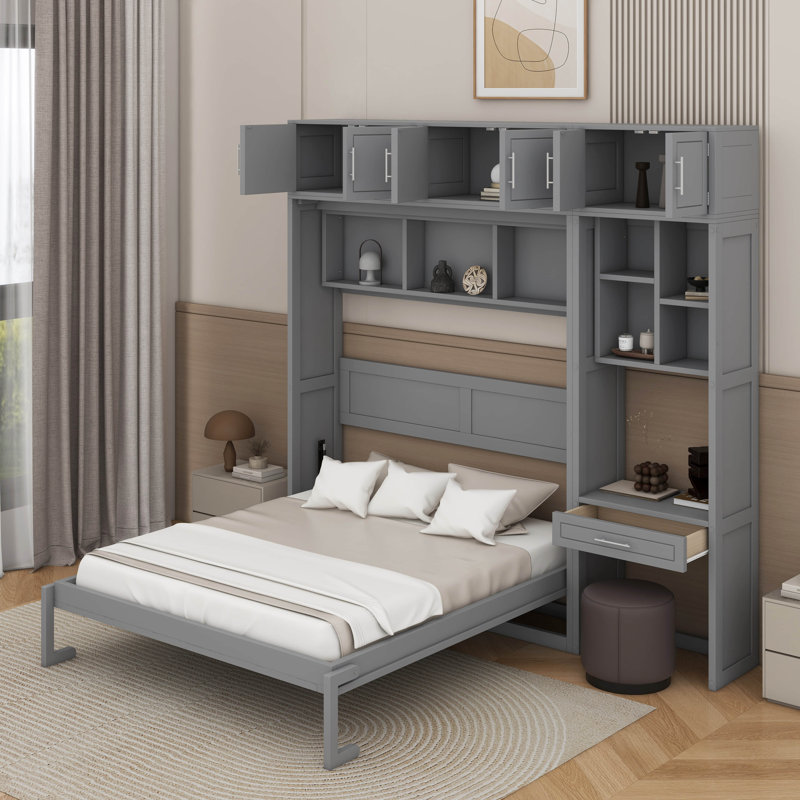 Lit escamotable mural avec bureau, armoire supérieure et tablettes de rangement, Grand lit, Gris