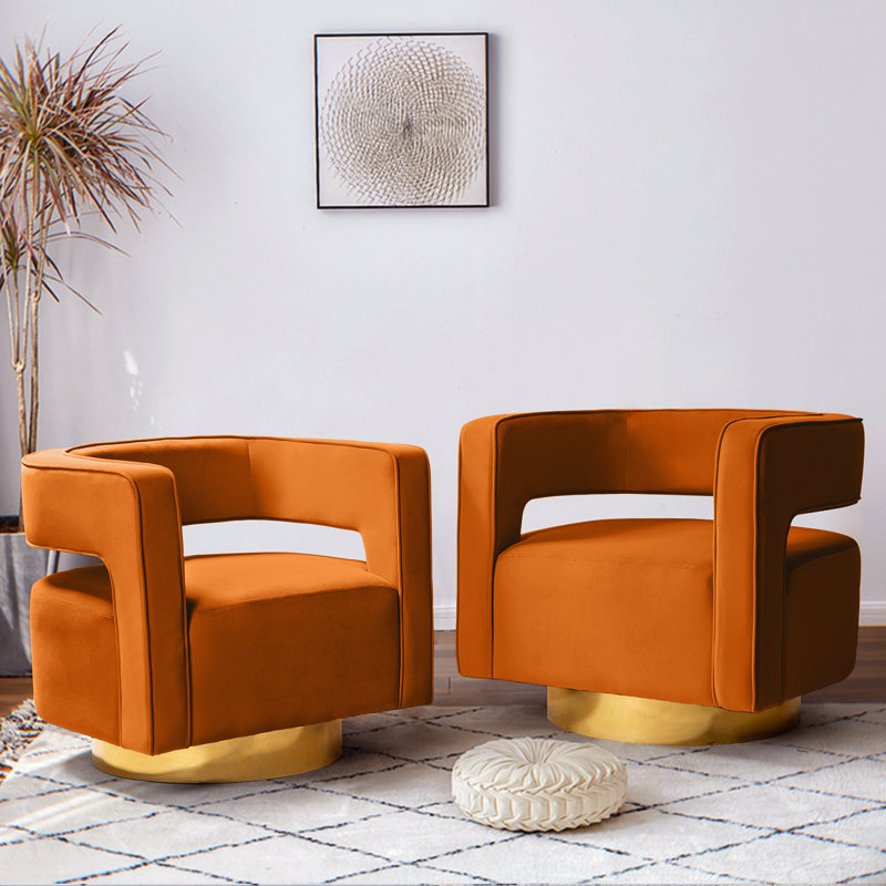 Alson 29.5'' Wide Velvet Swivel Barrel Chair, Orange Velvet