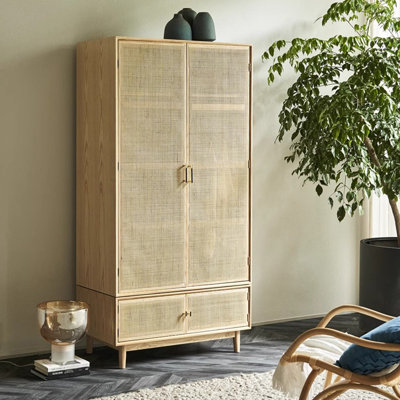 Armoire de rangement en bois et rotin