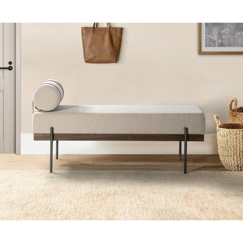Michalak 48'' W  Industrial Bench with Pillow and Solid Wood Frame, Ivory