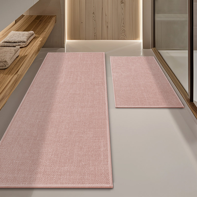 Ensemble de 2 tapis de bain d'aspect lin avec envers antidérapant, Rose