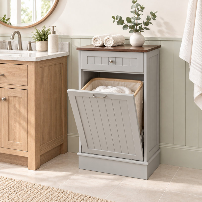 Meuble de poubelle basculant de style champêtre avec tiroir de rangement, en bois, d'une capacité de 38 litres (10 gallons), pour la cuisine et la buanderie - Gris/Une porte