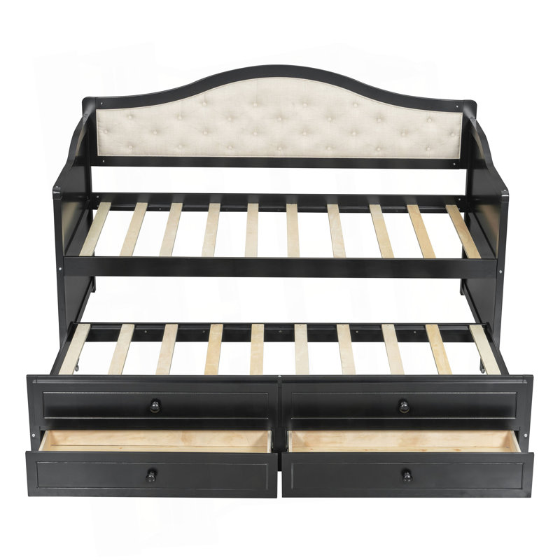 Twin Daybed With Trundle, Twin Size Daybed With 2 Storage Drawers, Wooden Sofa Bed With Upholstered Button Tufted Backrest For Living Room, Bedroom, Guest Room