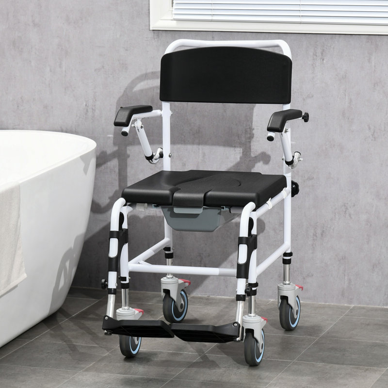 Accessibility Commode Wheelchair, Rolling Shower Wheelchair with 4 Castor Wheels, Rectangle Detachable Bucket, & Waterproof Design, 17" Seat Width, Black