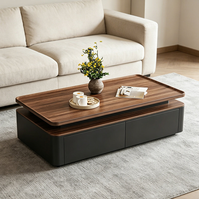 Table basse moderne avec rangement rectangulaire, H 17,7 po x L 55,1 po x l 27,6 po, Bois brun / noir