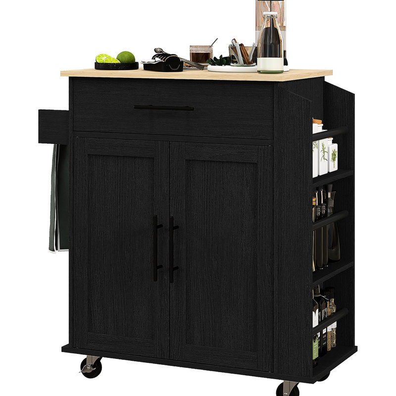 Black Kitchen Island Cart With Ac Outlets, Ports, Storage, Microwave Stand, Towel Rack & Spice Rolling Outlets , And Rack,