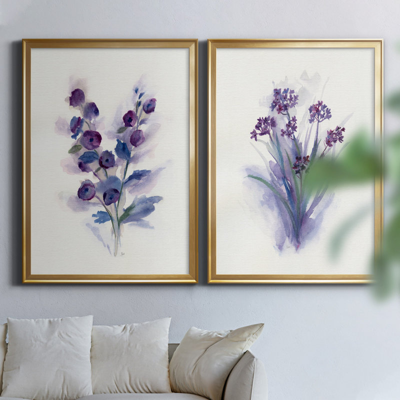 «Pretty in Purple I», ensemble de 2 reproductions d'art, H 26,5 po x l 73 po x P 1,5 po, Toile encadrée dorée, Pas de tapis