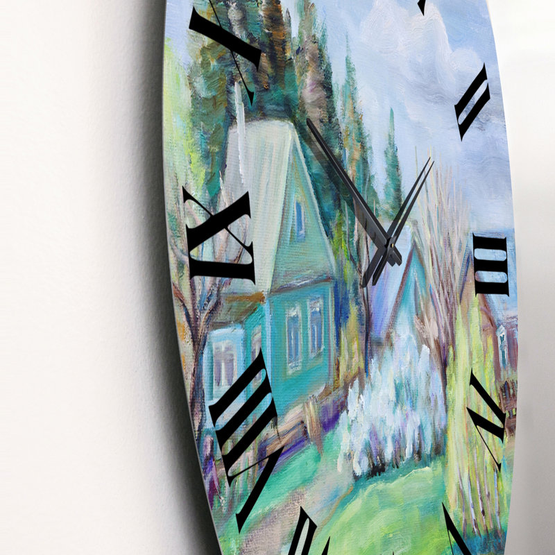 Paysage de printemps avec petites maisons dans le village - horloge murale, Petit