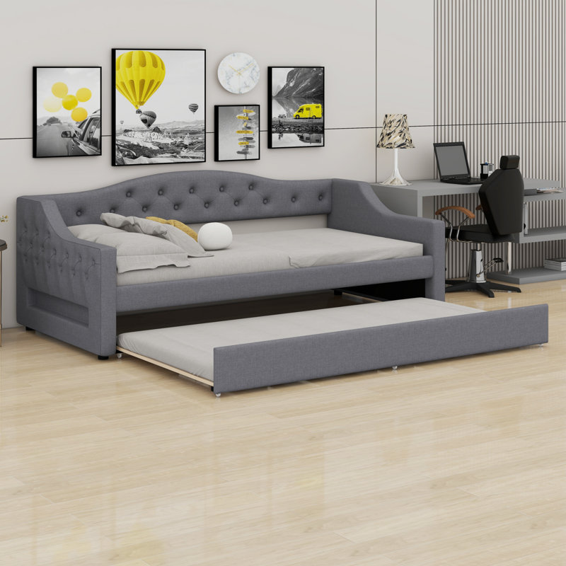 Upholstered Daybed With LED Belt And Trundle, Gray