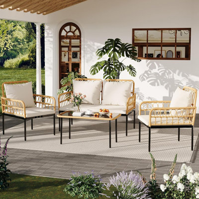 Ensemble de patio extérieur en osier 4 pièces, chaises longues et table en verre pour terrasse