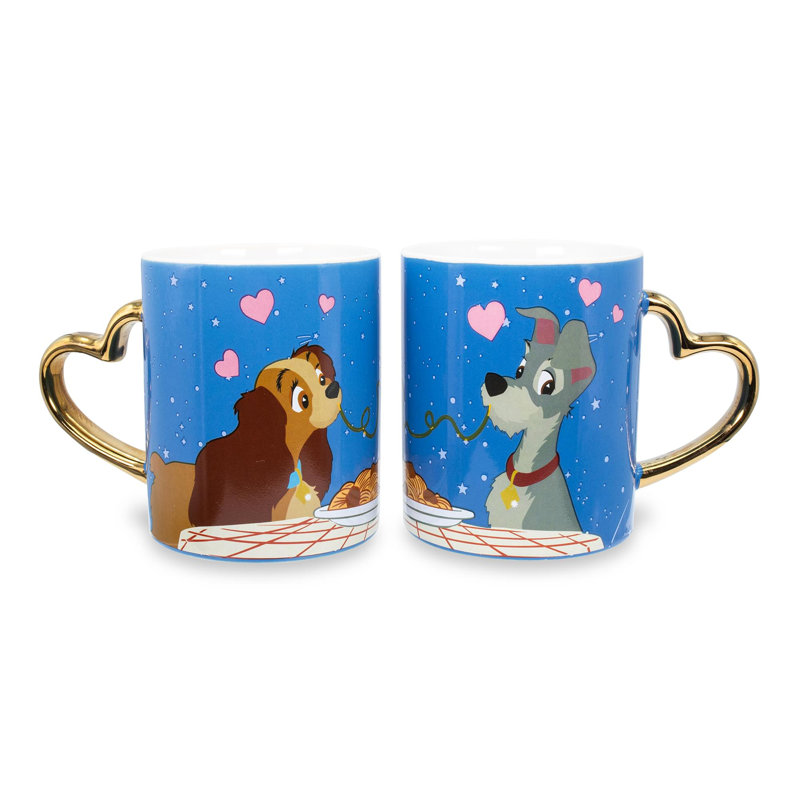 Tasses en céramique à poignée en forme de cœur 14 onces Disney Lady And The Tramp | Ensemble de 2